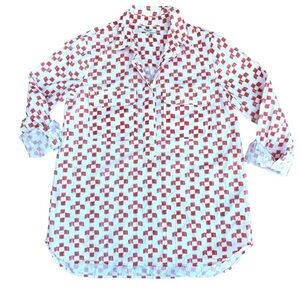 Madewell red and white patterned long sleeve collared pop over top size small